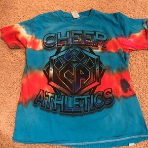 blue and red tie dye cheer athletics shirt
